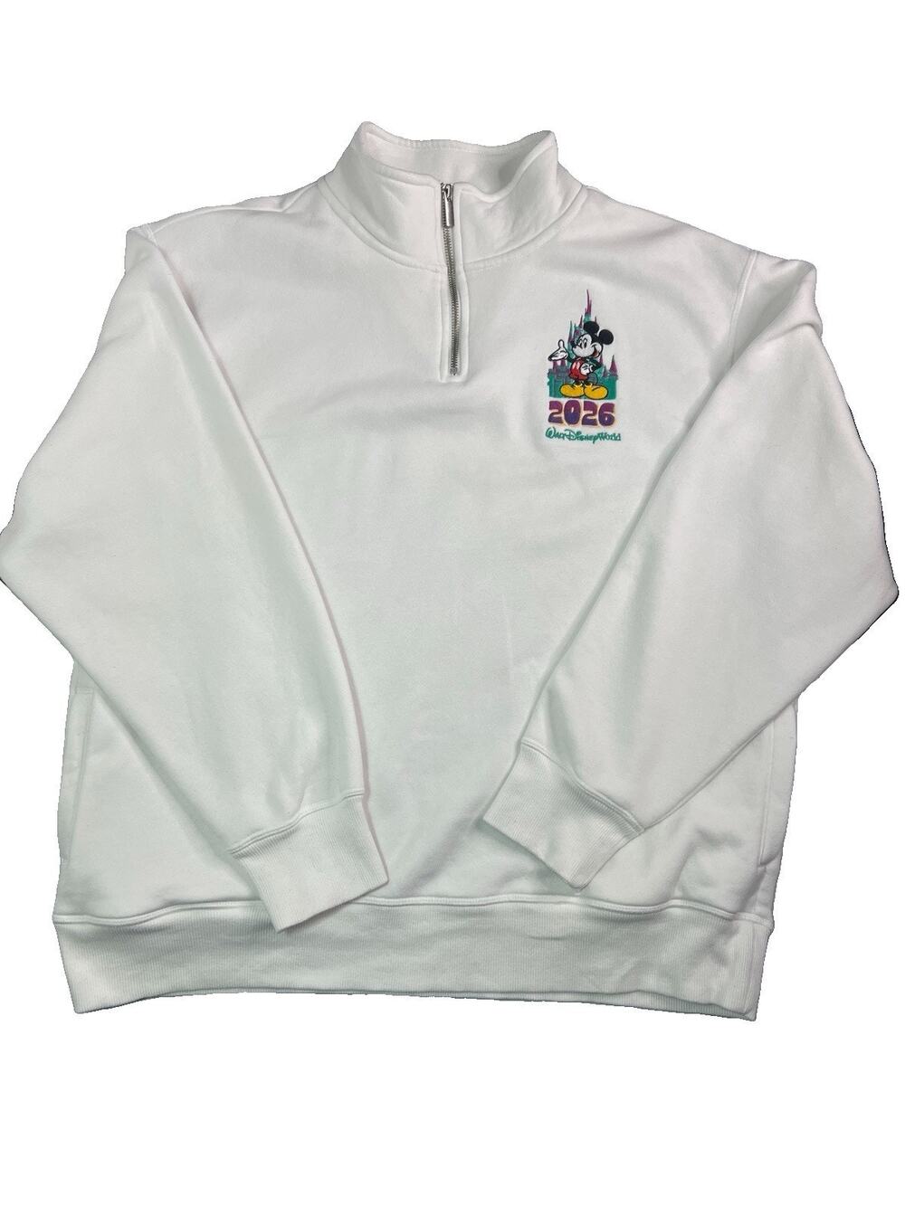 Disney Parks 2026 White Quarter Zip Sweater Mickey WDW Adult Size Large